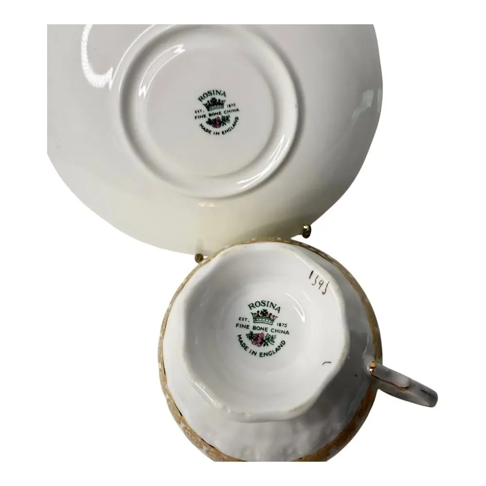 Rosina Footed Tea Cup Saucer Set Gold Footed Yellow England 1940s Bone China VTG - Picture 5 of 11